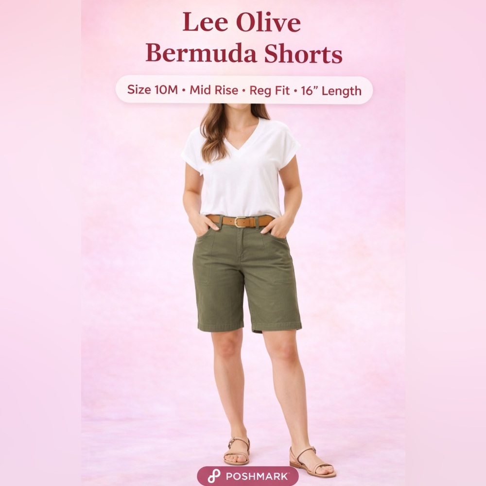 Lee Olive Bermuda Shorts Size 10M Mid Rise Regular Fit 16” Length